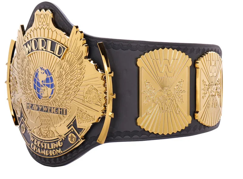 Black and gold championship belt with detailed design on a white background