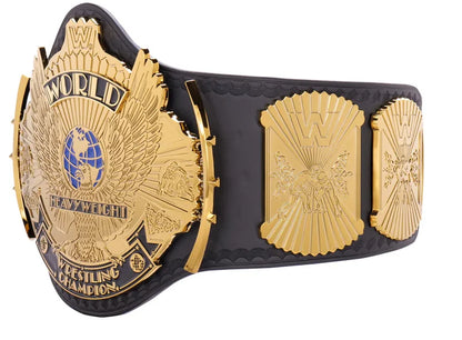 Black and gold championship belt with detailed design on a white background