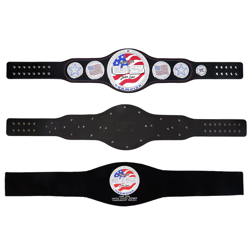 Black championship belt with an American flag emblem on a white background