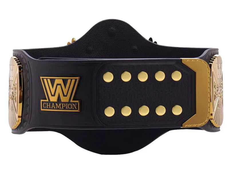 Black championship belt with gold accents and WWE logo on a white background