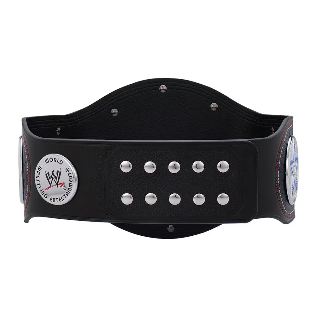 Black championship belt with silver studs and WWE logo on a white background