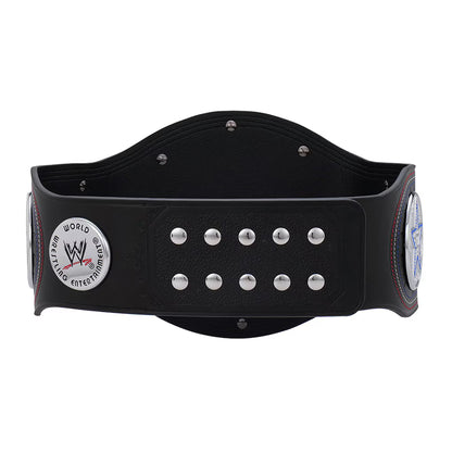 Black championship belt with silver studs and WWE logo on a white background