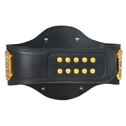 Black leather belt with gold accents on a white background