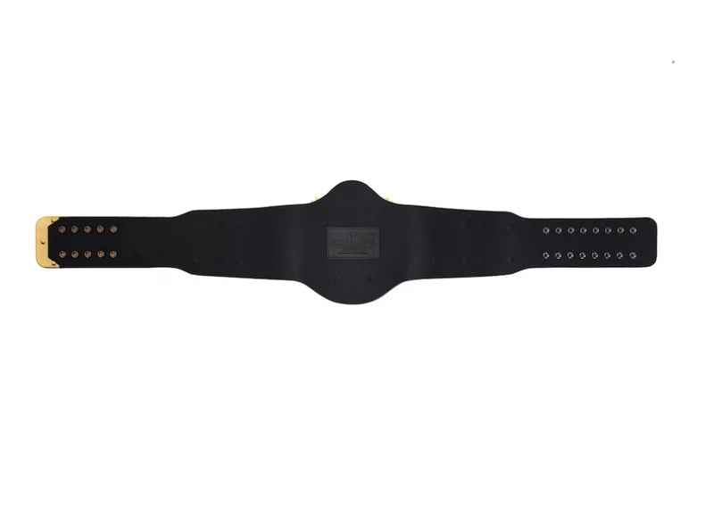 Black leather belt with gold buckle on a white background