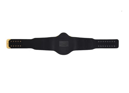 Black leather belt with gold buckle on a white background