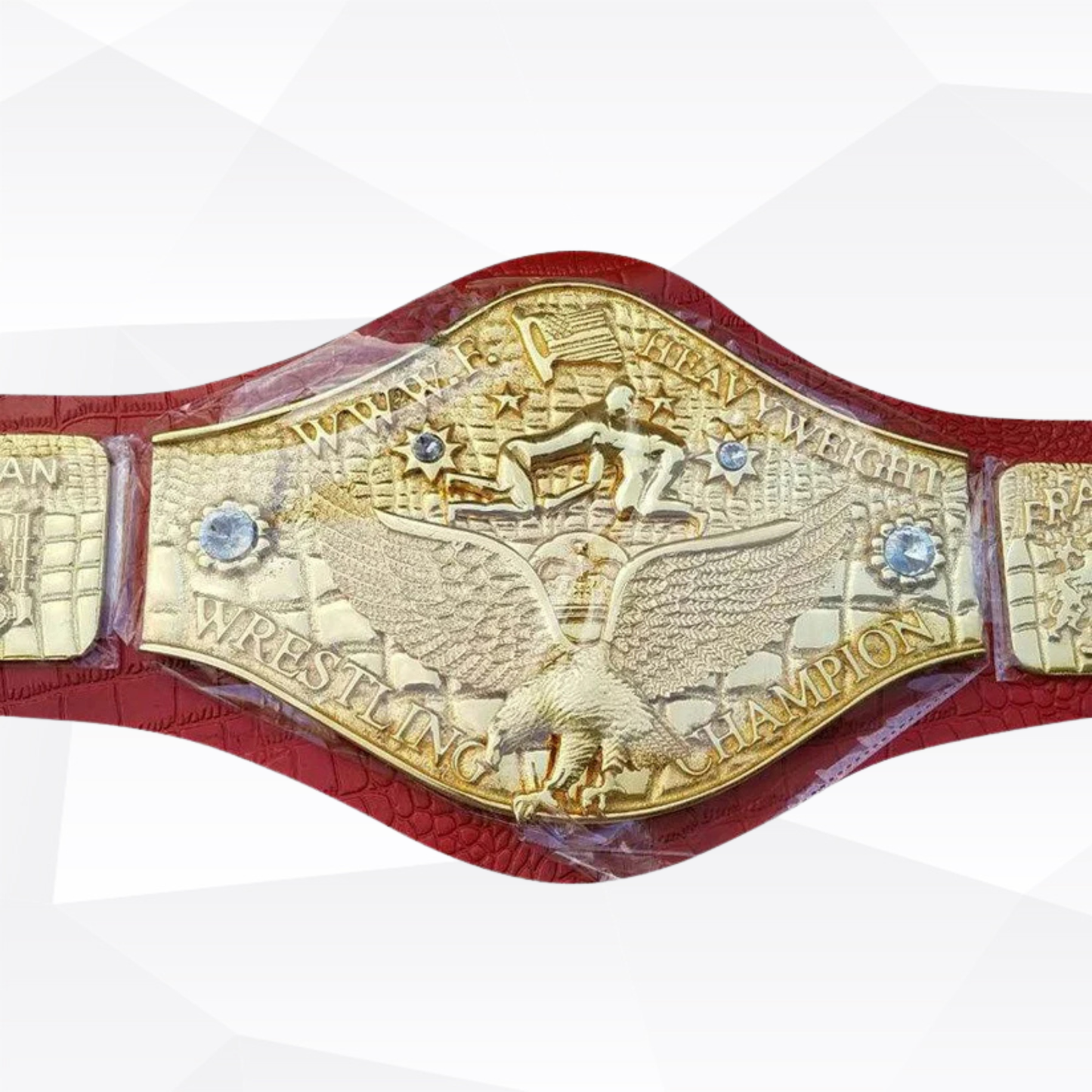 Wrestling championship belt with gold and red design on a white background