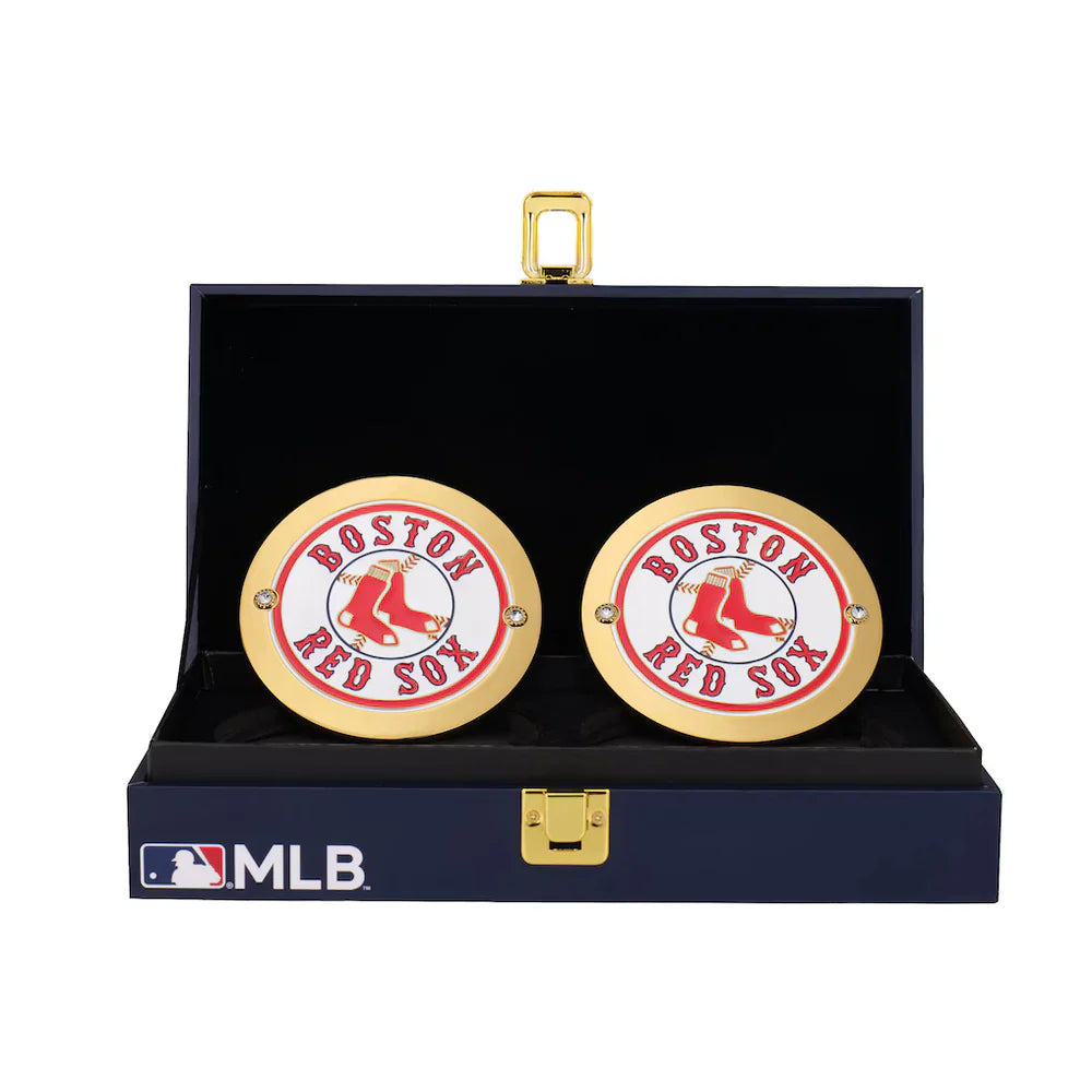 Boston Red Sox cufflinks in a display case with MLB logo Boston Red Sox 16MM Replica Side Plate Box Set