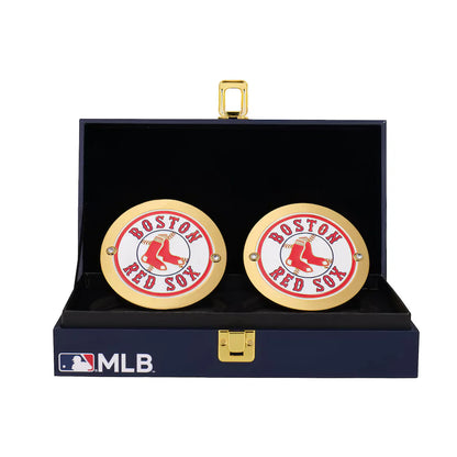 Boston Red Sox cufflinks in a display case with MLB logo Boston Red Sox 16MM Replica Side Plate Box Set