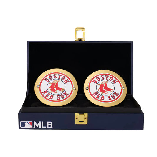 Boston Red Sox cufflinks in a display case with MLB logo Boston Red Sox 16MM Replica Side Plate Box Set