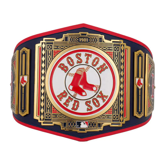 Boston Red Sox championship belt with red, blue, and gold colors on a white background