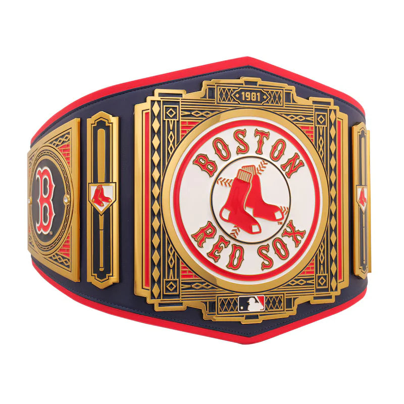 Boston Red Sox championship belt with red, blue, and gold colors on a white background