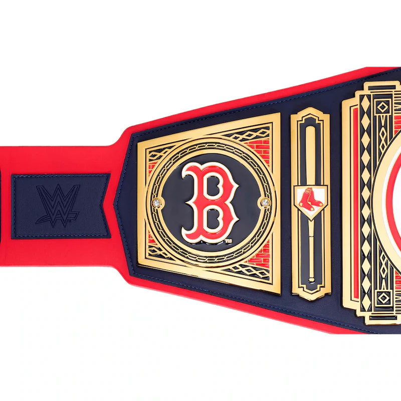 Wrestling championship belt with red, blue, and gold colors on a white background