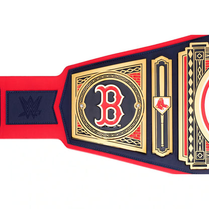 Wrestling championship belt with red, blue, and gold colors on a white background