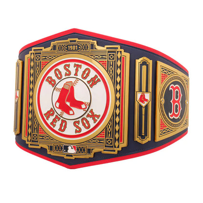 Boston Red Sox championship belt with red, black, and gold colors on a white background