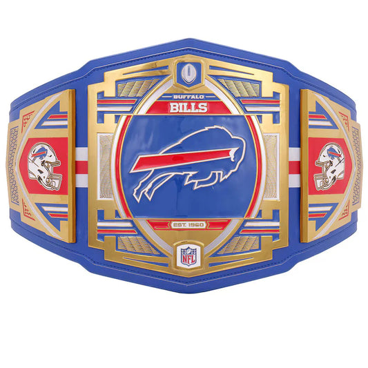 Buffalo Bills championship belt with blue, gold, and red colors on a white background