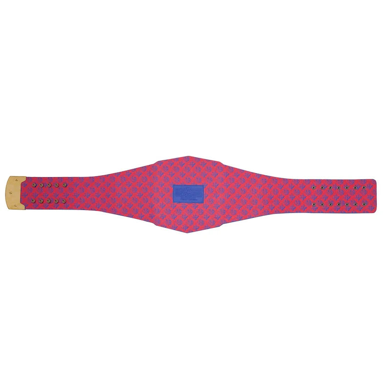 Pink belt with gold buckle and blue square patch on a white background