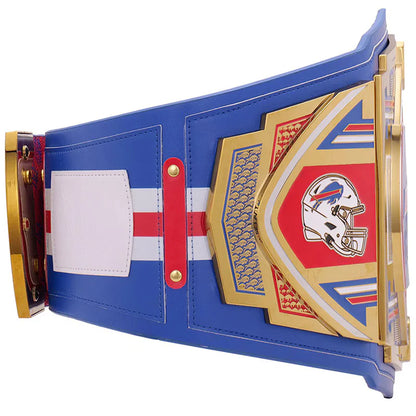 Blue championship belt with gold and red accents featuring a helmet logo on a white background