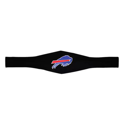 Black face mask with a logo on a white background