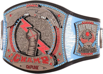 Wrestling championship belt with detailed design and text on a white background