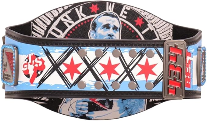 Wrestling belt with colorful design and text on a white background