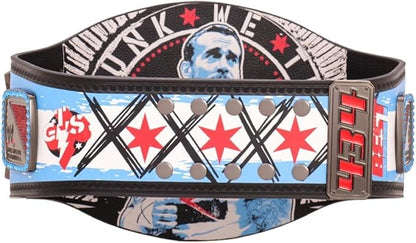 Wrestling belt with colorful design and text on a white background