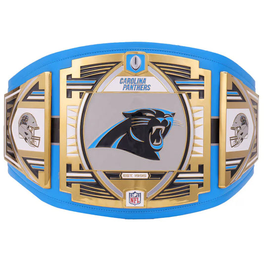 Carolina Panthers championship belt with blue and gold design on a white background