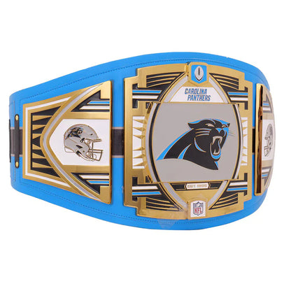 Carolina Panthers championship belt with blue, gold, and gray design on a white background