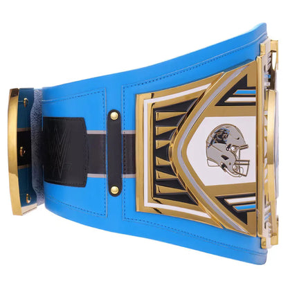 Carolina Panthers Ultimate Legacy Title Belt Blue championship belt with gold and black accents on a white background