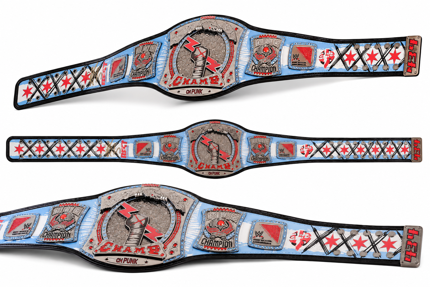 Three views of a championship belt featuring a central silver-toned plate with a red and black stylized 'CHAMPION' design, flanked by blue, red, black, and silver decorative panels on a white background.