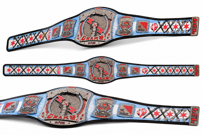 Three views of a championship belt featuring a central silver-toned plate with a red and black stylized 'CHAMPION' design, flanked by blue, red, black, and silver decorative panels on a white background.