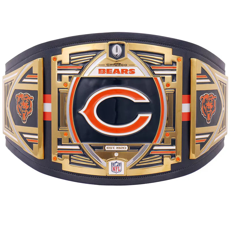 Chicago Bears championship belt with gold, black, and orange design on a white background