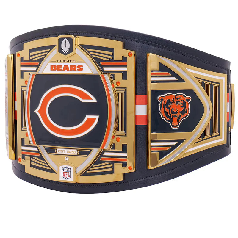 Chicago Bears championship belt with gold and navy design on a white background
