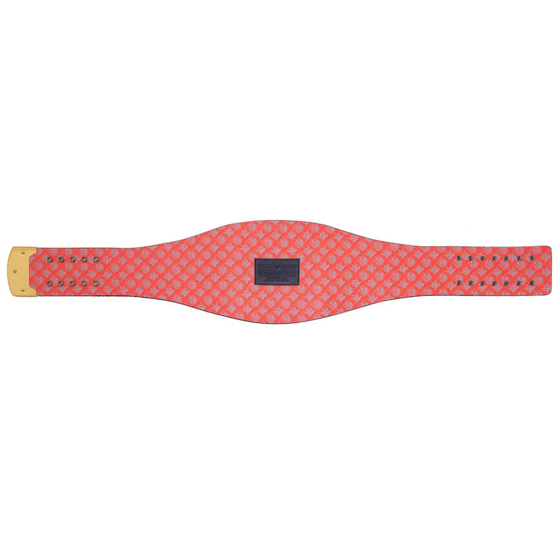 Red belt with a pattern and gold buckle on a white background