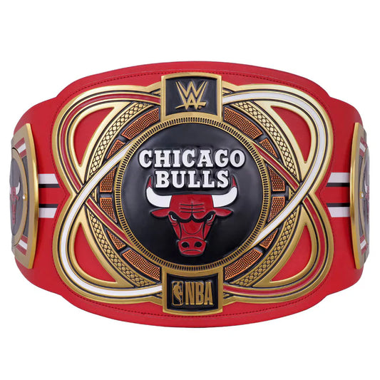 Red championship belt with Chicago Bulls logo and NBA branding on a white background
