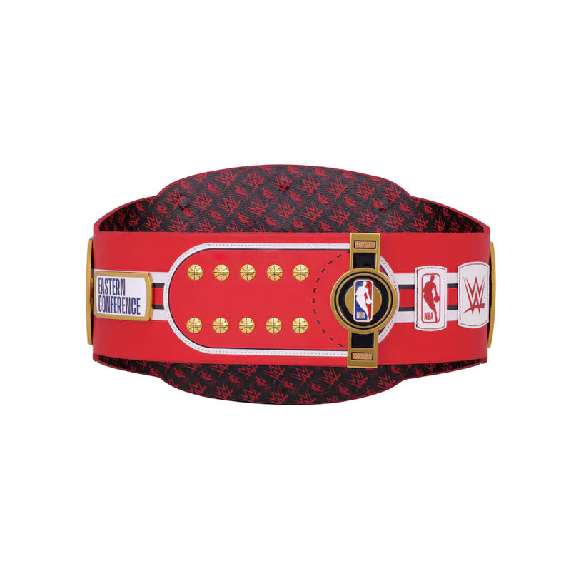 Red championship belt with logos on a white background
