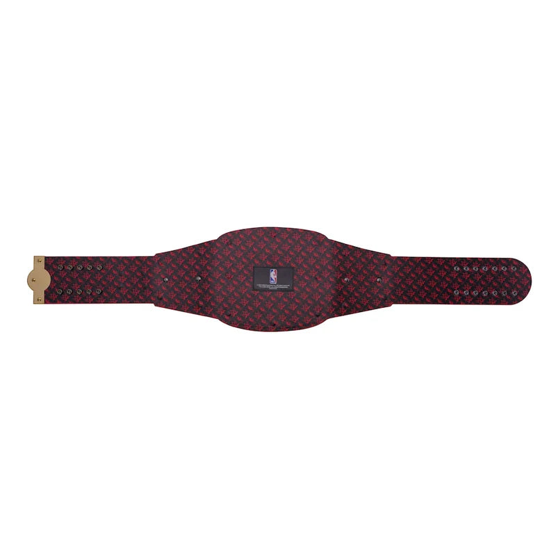 Red and black patterned belt with a logo on a white background