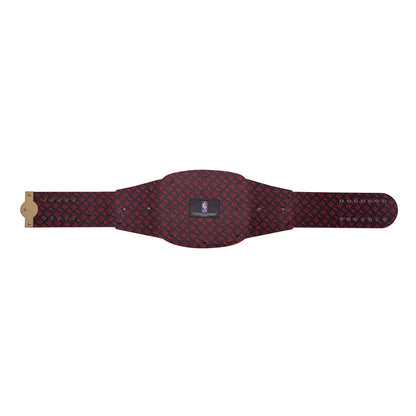 Red and black patterned belt with a logo on a white background