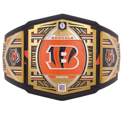 Cincinnati Bengals NFL championship belt featuring a large orange and gold center plate with the team's tiger logo, flanked by black and gold side plates with Bengals branding and an NFL shield logo at the bottom.