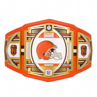 Cleveland Browns championship belt with orange, gold, and white colors on a white background