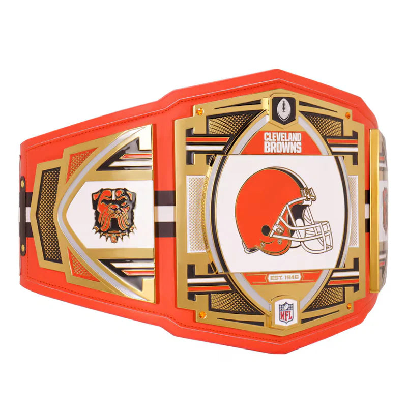 Cleveland Browns championship belt with orange, gold, and white design on a white background