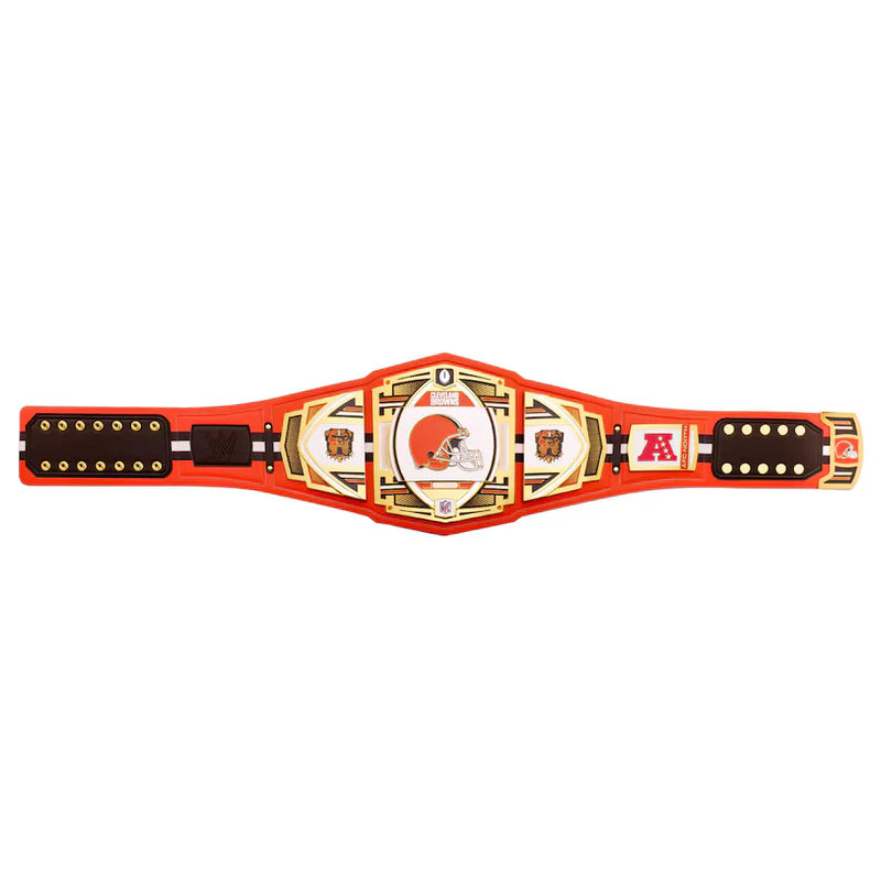 Red championship belt with gold and black accents on a white background