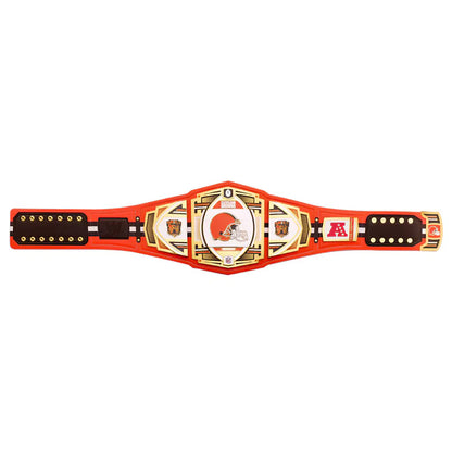 Red championship belt with gold and black accents on a white background