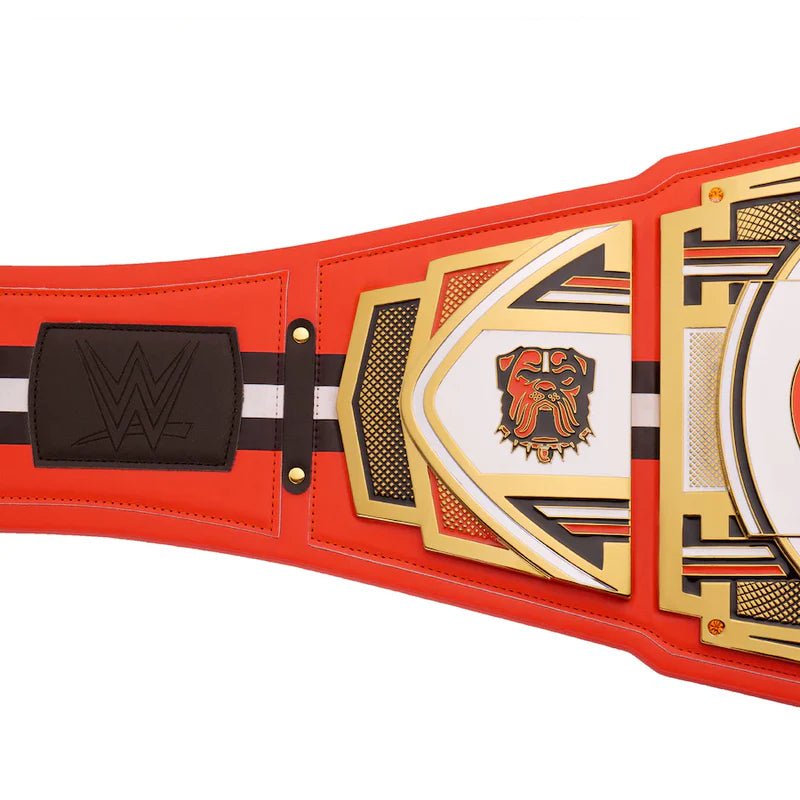 Red championship belt with gold and black details on a white background
