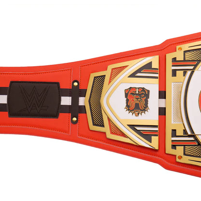 Red championship belt with gold and black details on a white background