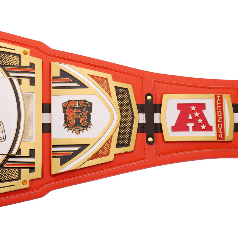 Red championship belt with gold and white accents on a white background
