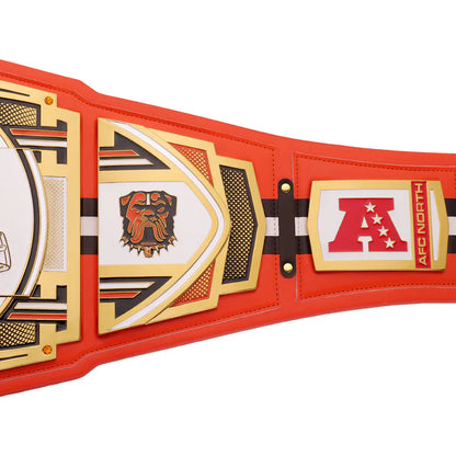 Red championship belt with gold and white accents on a white background