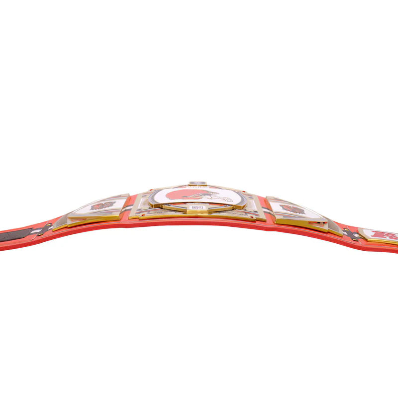 Red championship belt with gold and white details on a white background