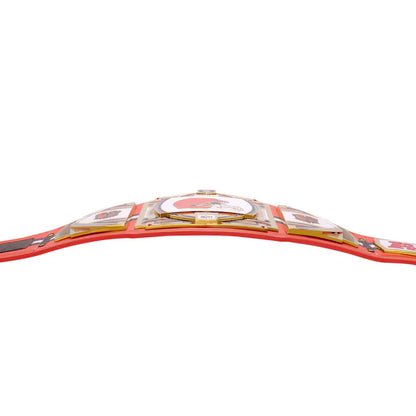Red championship belt with gold and white details on a white background