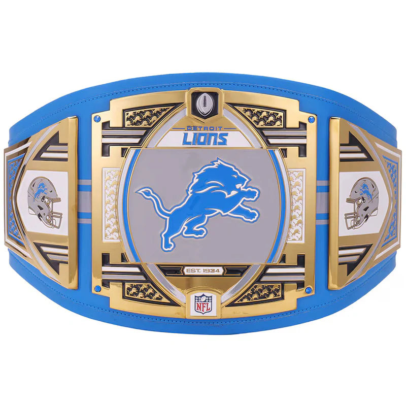 Blue championship belt with Detroit Lions logo on a white background
