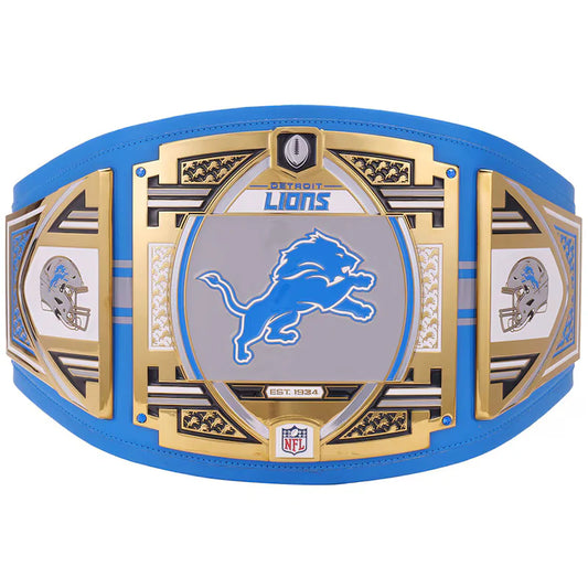 Blue championship belt with Detroit Lions logo on a white background